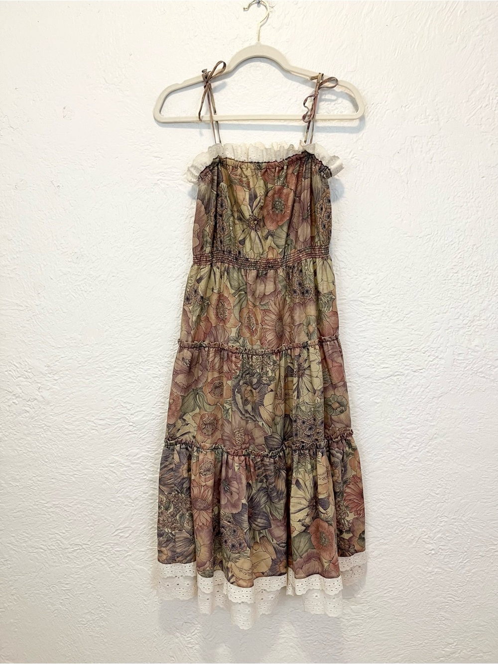 Vintage Dress Midi Floral Cottagecore Farmhouse Boho Prairie Mauve Beige S/M - Picture 8 of 14